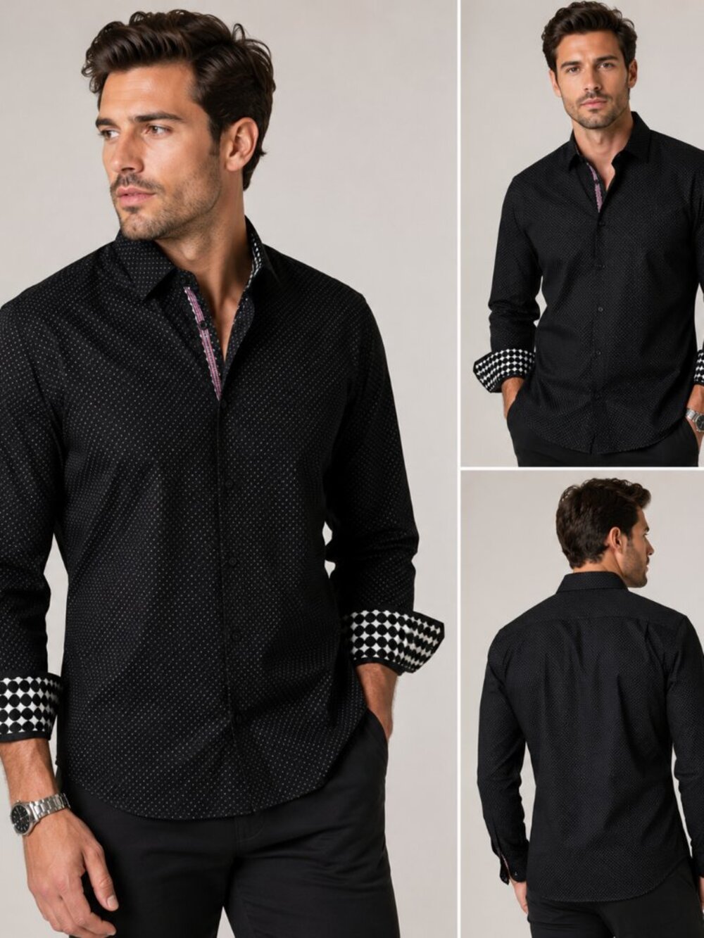 Tallia Black Button Down Dress Shirt | Contrast Cuff Detail